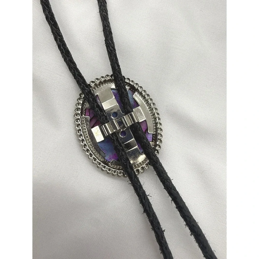 Vintage Western Bolo Tie Cowboy Marbled Oval Silver Tone Braided Black Cord
